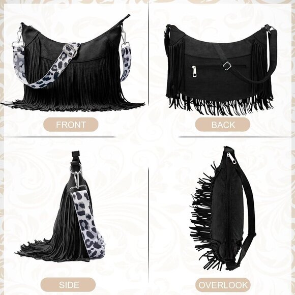 Women Faux Suede Fringed Purse Hobo Bag Tassel Crossbody with Double Long Straps - Picture 4 of 6